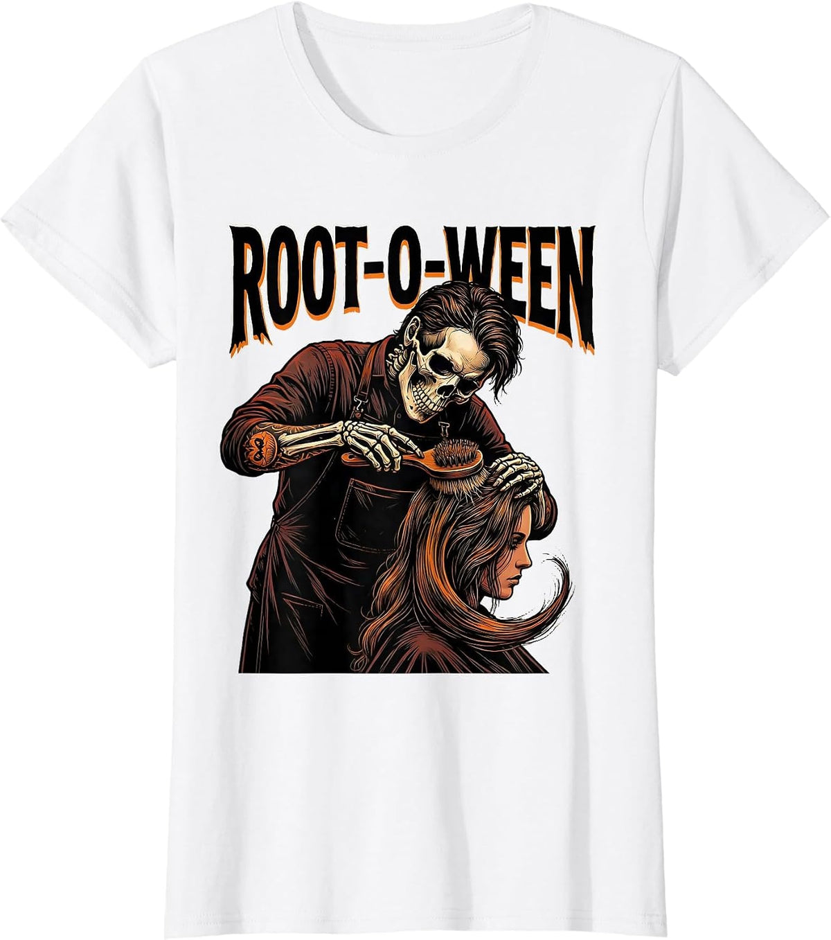 Women's Root-o-Ween Tattoo Skeleton Hairstylist Barber Halloween T-Shirt - White