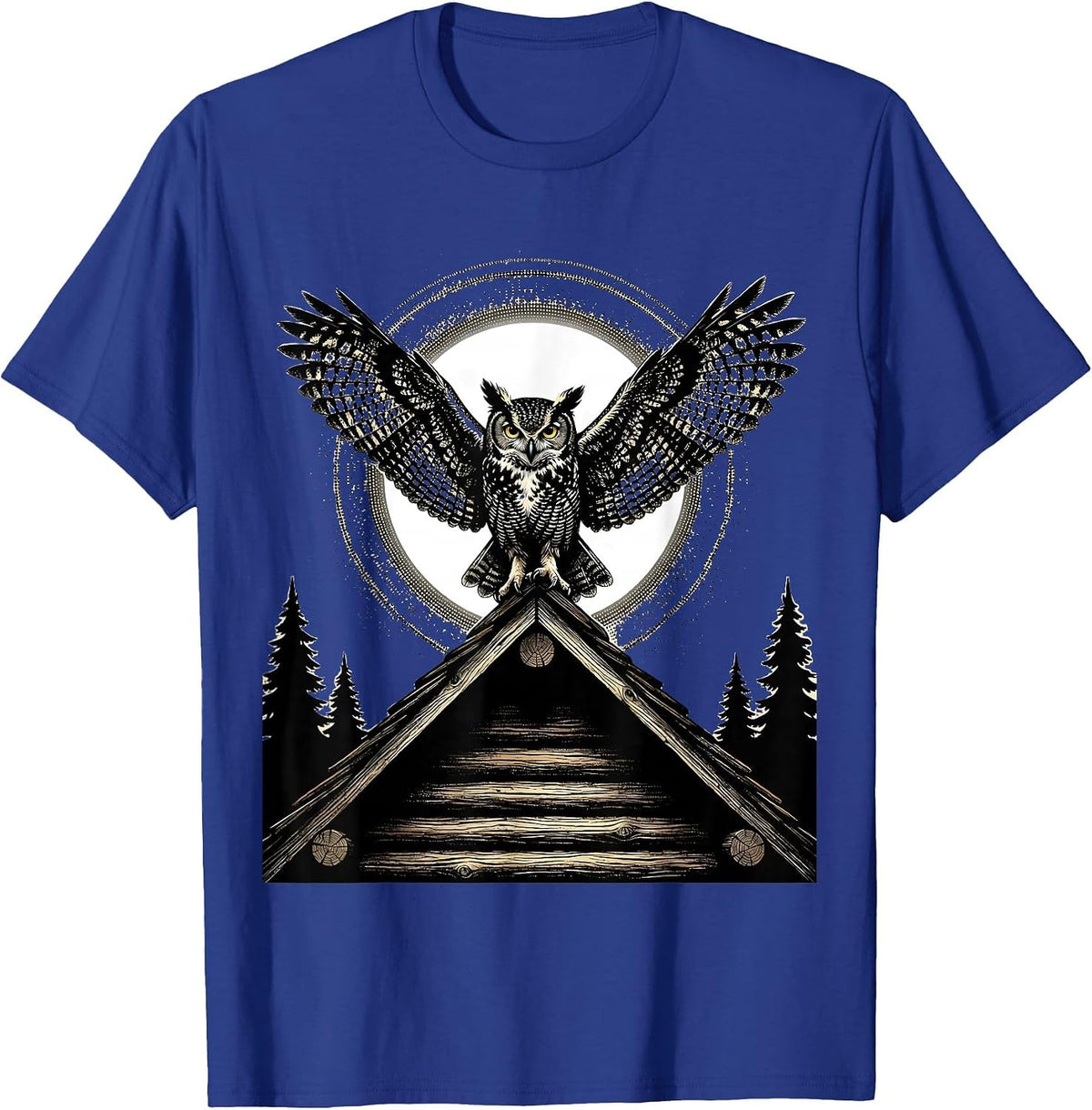 Men's Owl on Cabin Rooftop Night Scene Illustration T-Shirt - Royal Blue