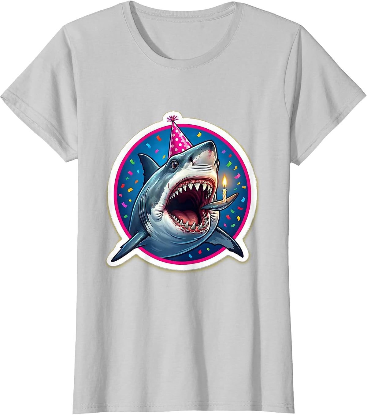 Funny Birthday Shark Blowing Out Candle T-Shirt - Silver Grey