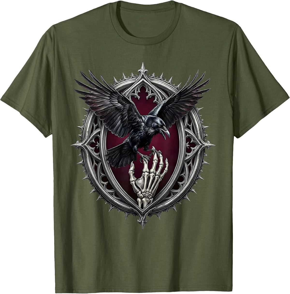 Men's Crow Landing on Skeleton Hand Dark Gothic Art T-Shirt - Olive Green