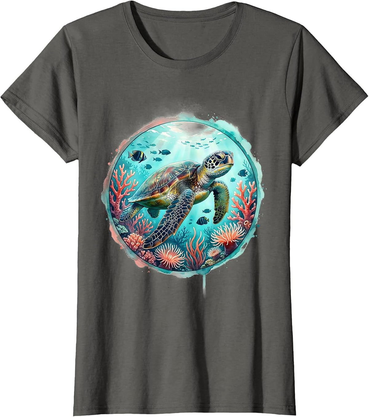 Women's Hawaiian Sea Turtle Coral Reef Graphic Tee T-Shirt - Asphalt Grey