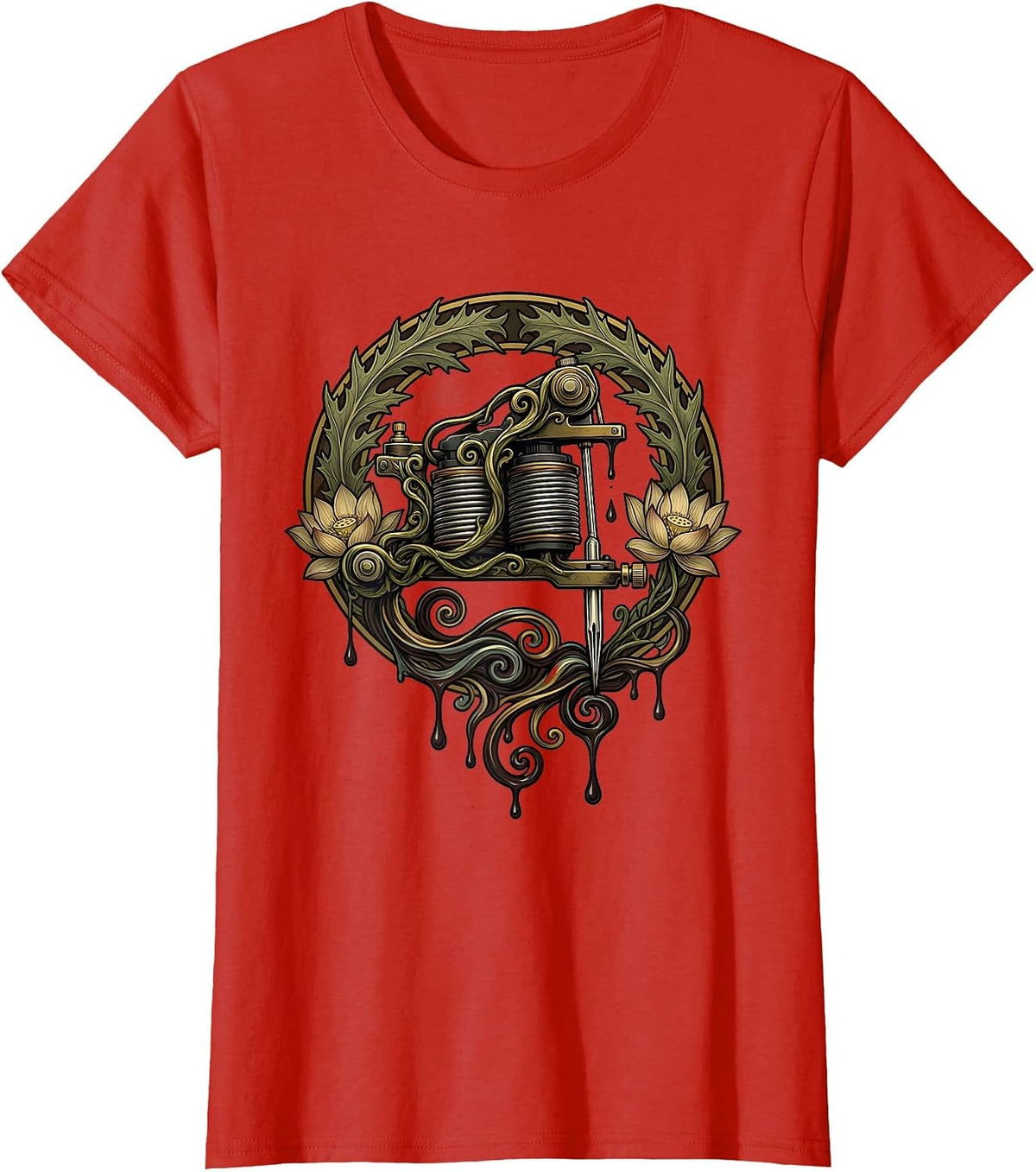 Women's Tattoo Machine Dripping Ink Graphic Design T-Shirt - Red