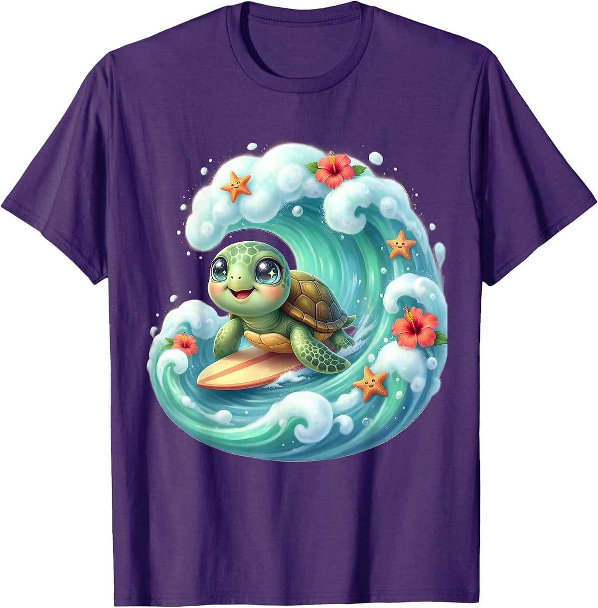 Baby Sea Turtle Surfing Wave Kids Hawaiian T-Shirt - Purple