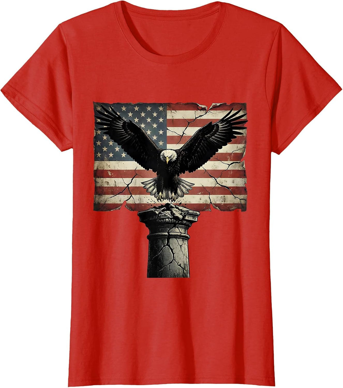 Women's Eagle Landing on Cracked Stone Pedestal Design T-Shirt - Red