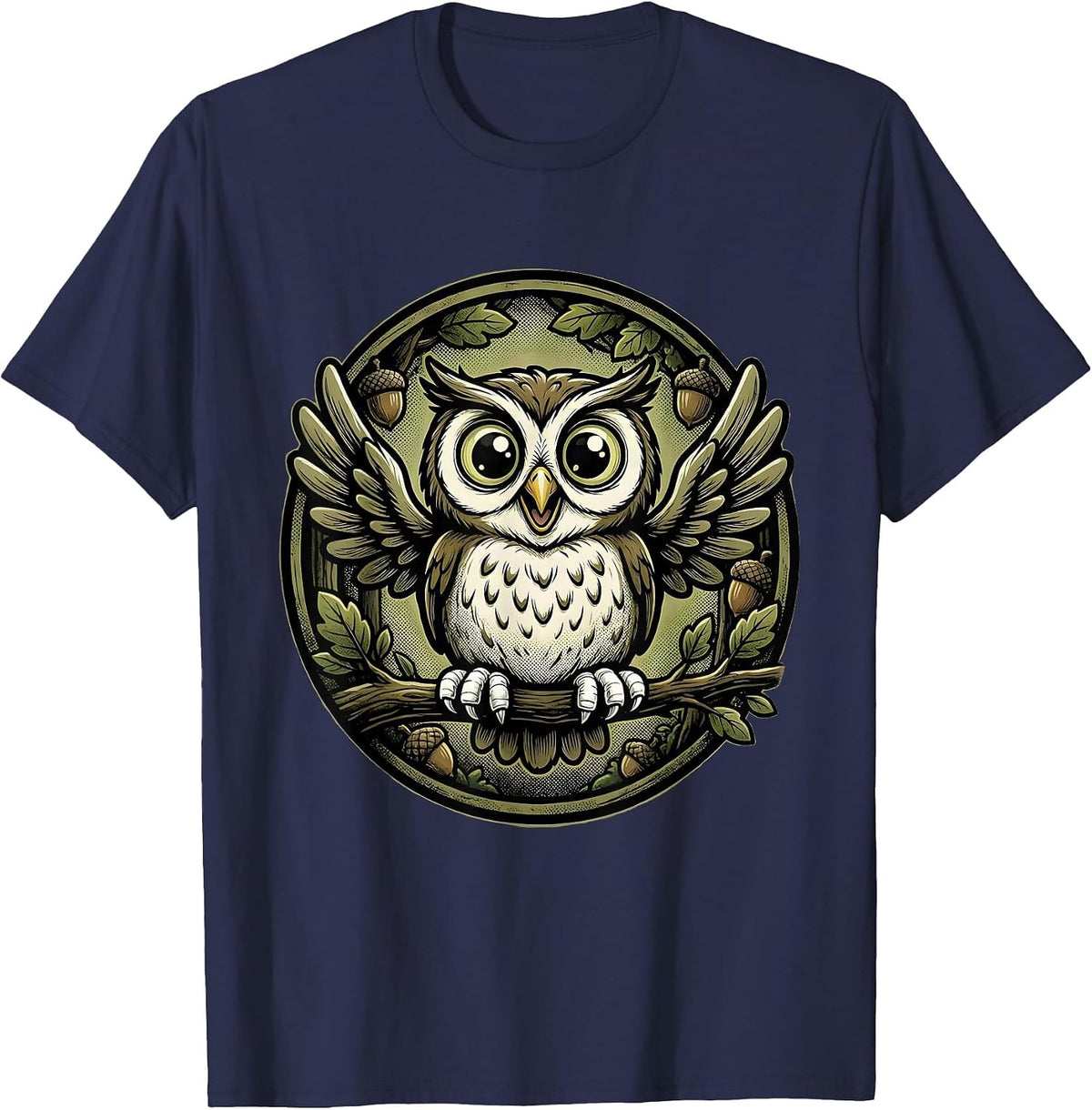 Men's Youth Camo Owl Perched on Branch Forest Art T-Shirt - Navy Blue
