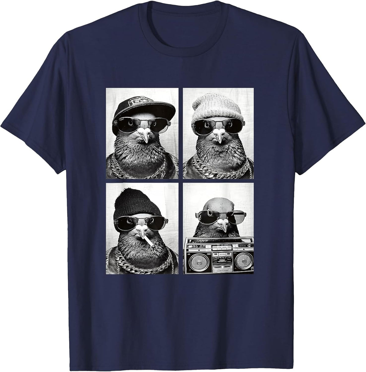 Funny Gangster Pigeons Hip Hop Rap Street Urban Animals Meme T-Shirt - Navy Blue