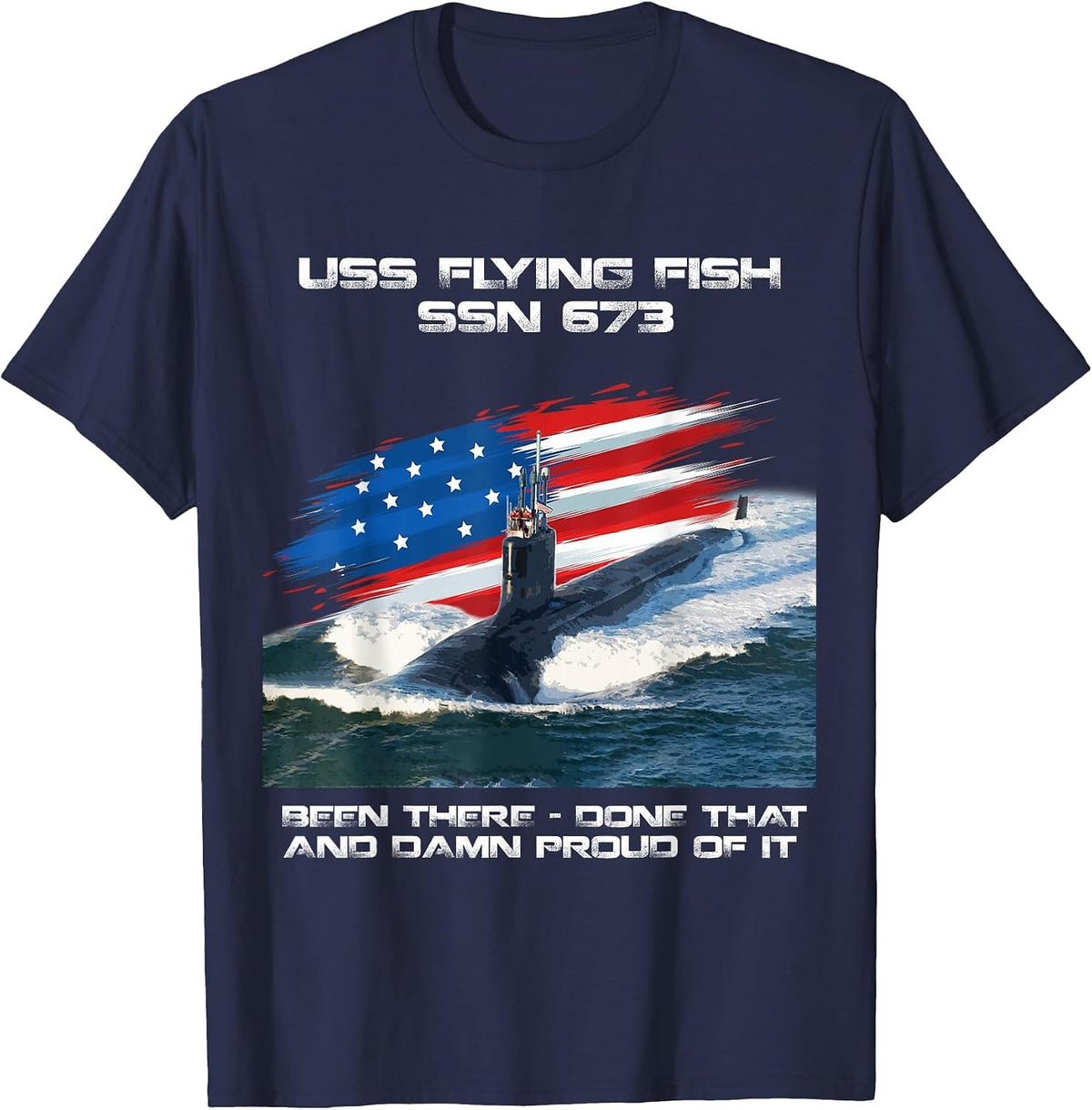 USS Flying Fish SSN-673 American Flag Submarine Veteran Xmas T-Shirt - Navy Blue