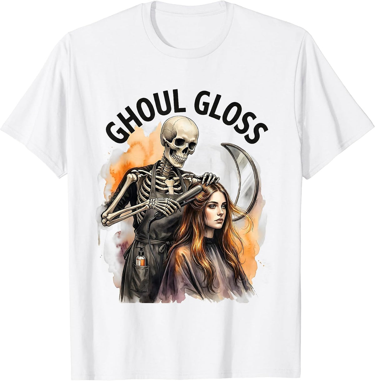 Men's Ghoul Gloss Watercolor Skeleton Hairstylist Halloween Barber T-Shirt - White