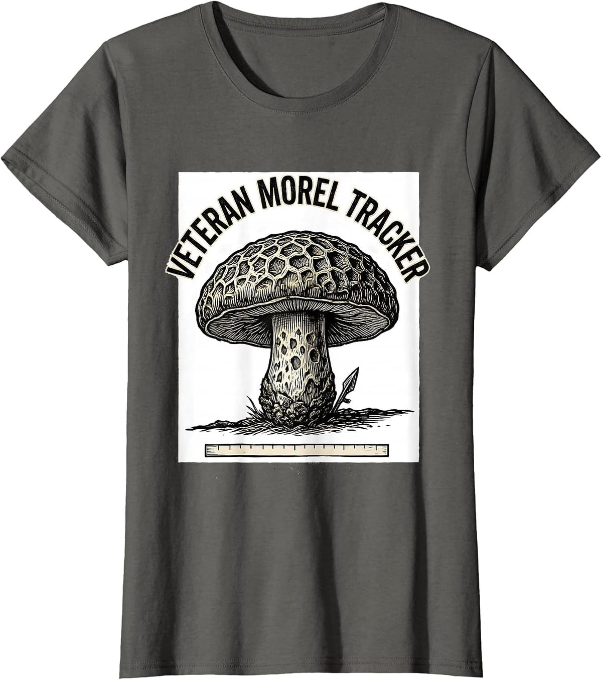 Women's Veteran Morel Tracker Woodcut Engraving Mushroom Forager T-Shirt - Asphalt Grey