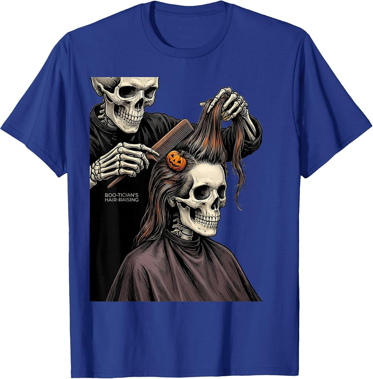 Men's Boo-tician's Hair-Raising Funny Skeleton Hairdresser T-Shirt - Royal Blue
