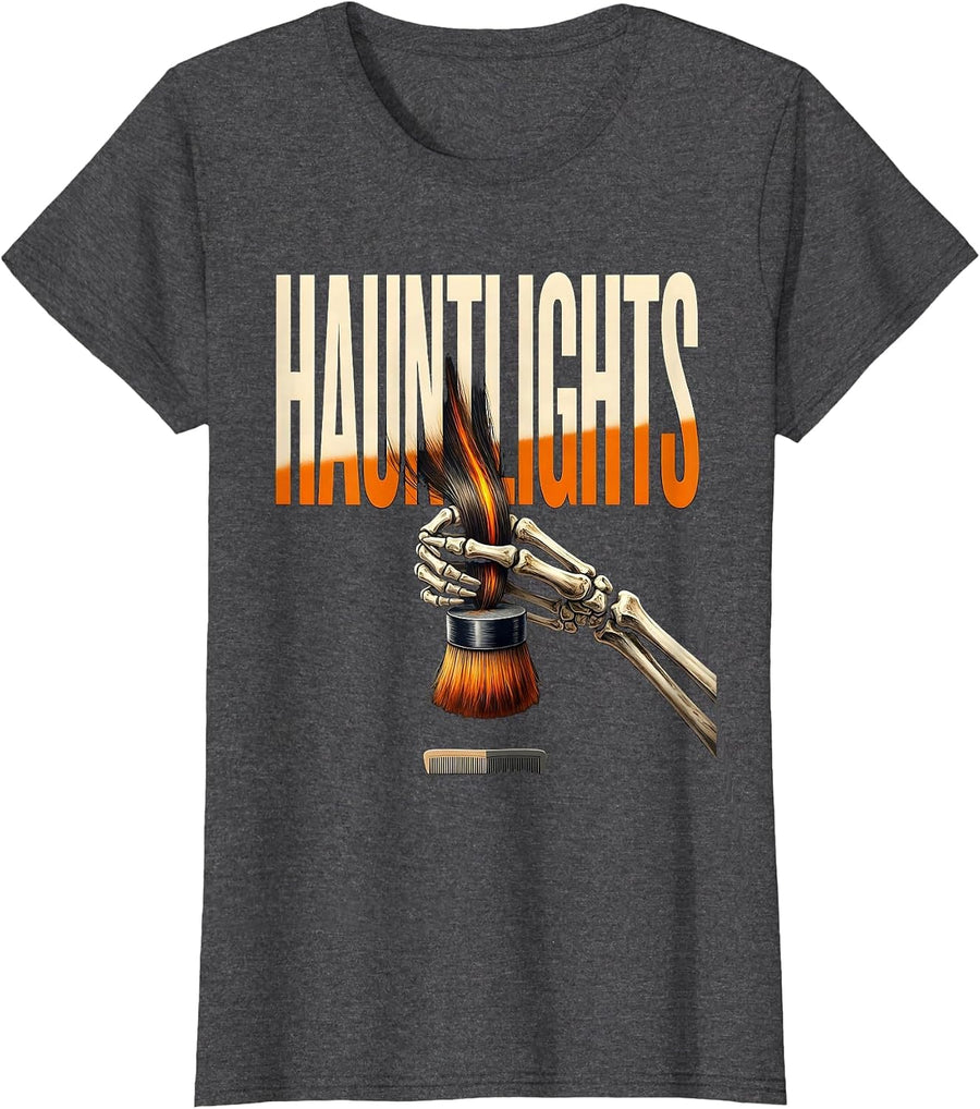 Women's Hauntlights Funny Skeleton Hairstylist Barber Halloween T-Shirt - Dark Heather Grey