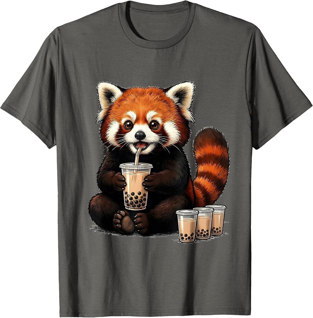 Red Panda Kawaii Bubble Tea Lover Cute Anime T-Shirt - Asphalt Grey