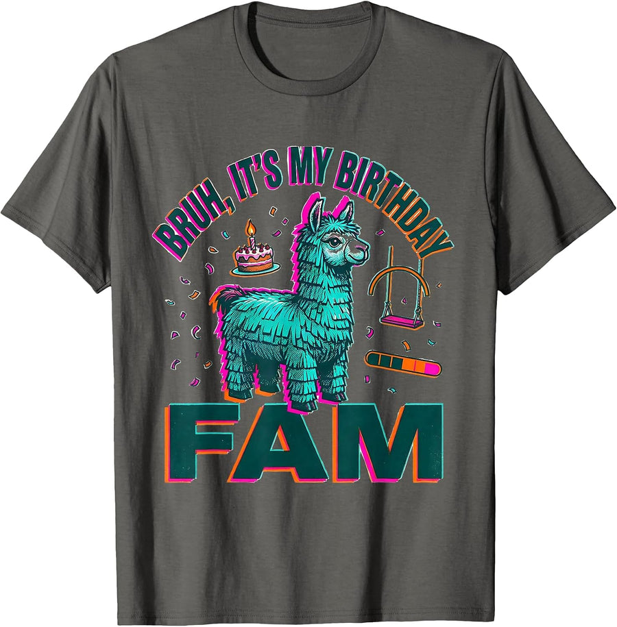 Bruh It's My Birthday Fam Llama Piñata Gamer Party T-Shirt - Asphalt Grey