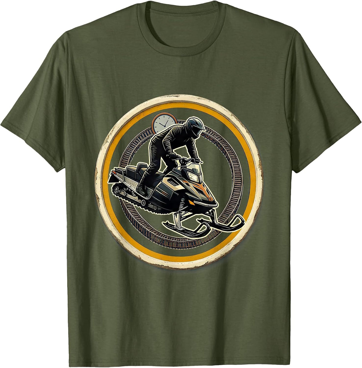 Snowmobile Rider Badge Vintage Emblem Winter Humor T-Shirt - Olive Green