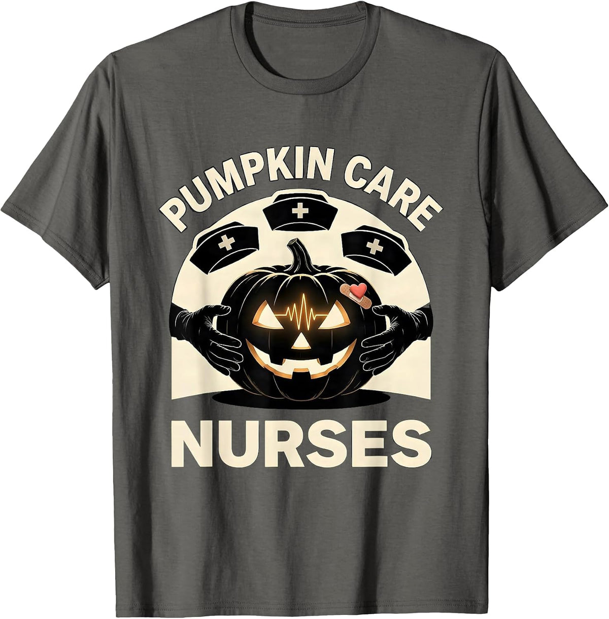 Men's Pumpkin Care Nurses Halloween Nurse Team Shift Humor T-Shirt - Asphalt Grey