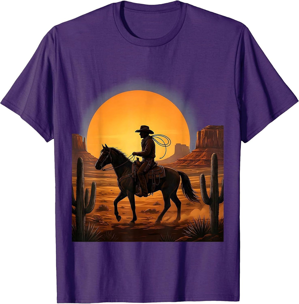 Cowboy Silhouette Riding Toward Mountain Range T-Shirt - Purple