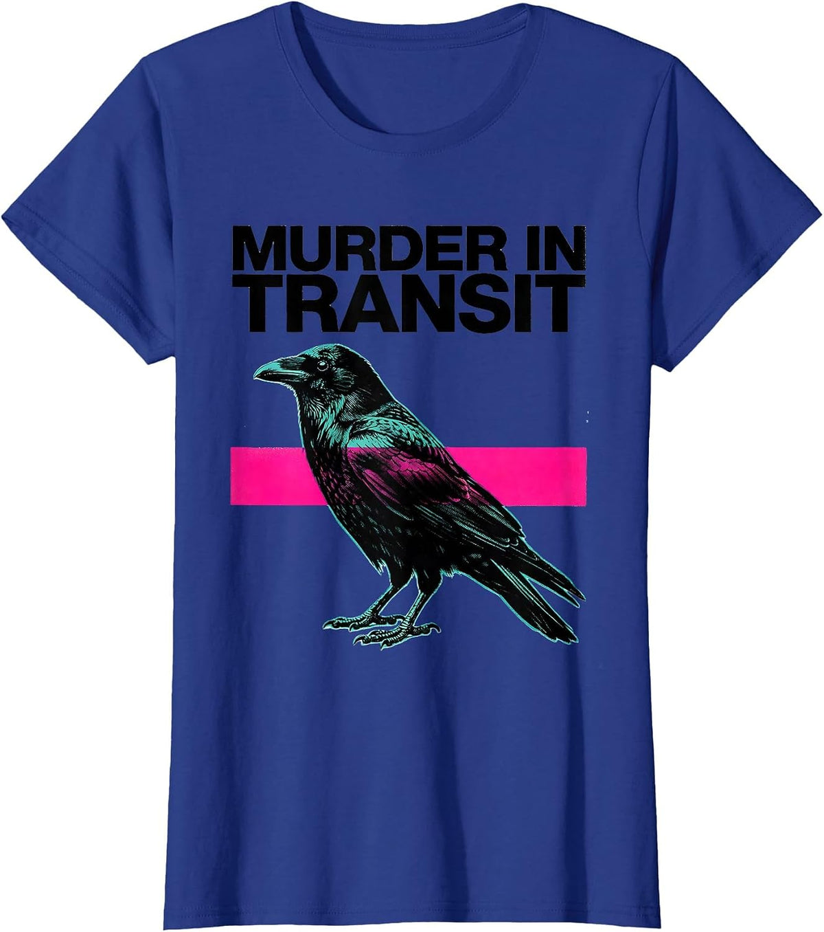 Women's Murder In Transit Risograph Dark Humor Crow Raven Gothic T-Shirt - Royal Blue