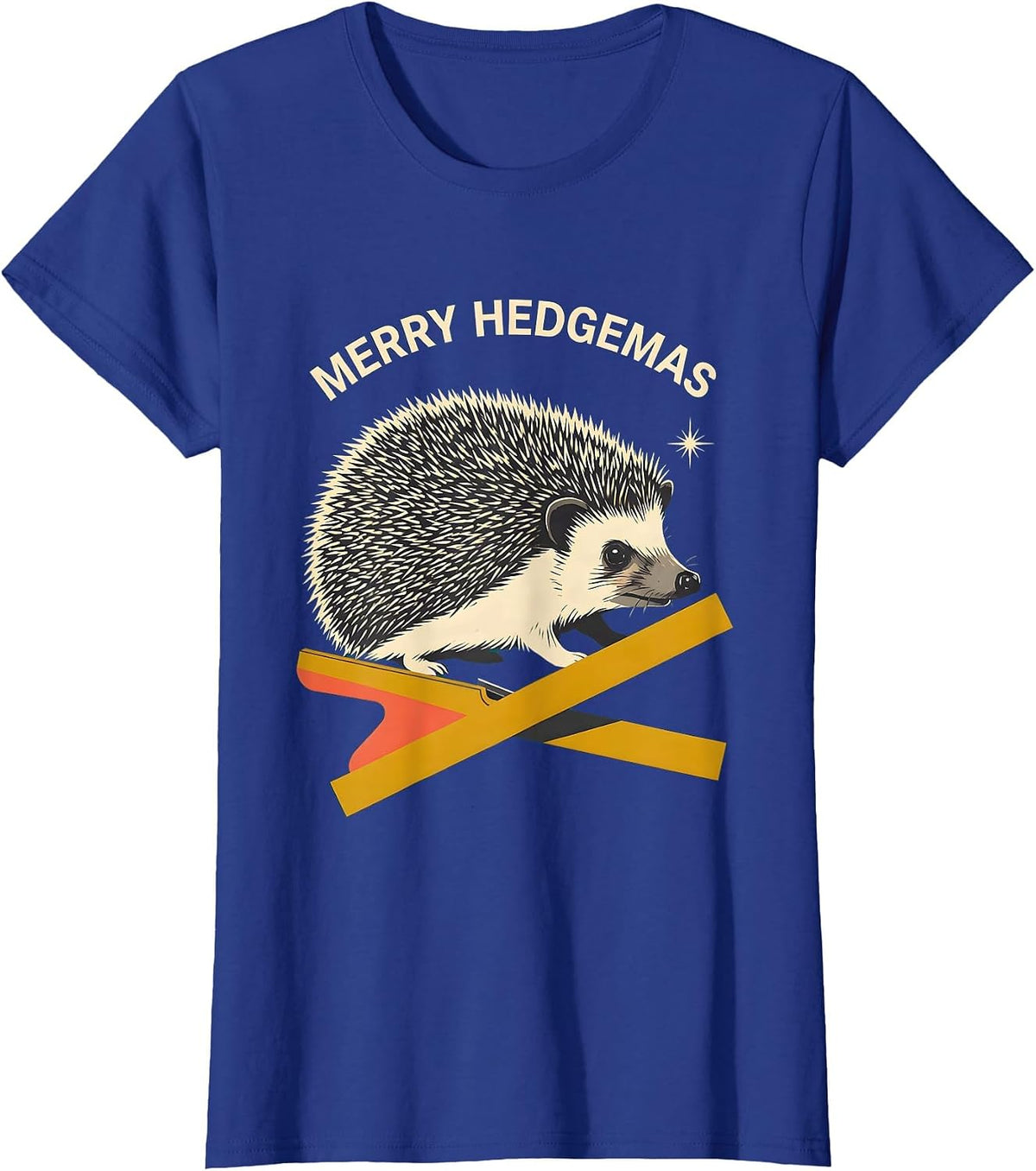 Women's Merry Hedgemas Midcentury Modern Hedgehog Christmas Humor T-Shirt - Royal Blue