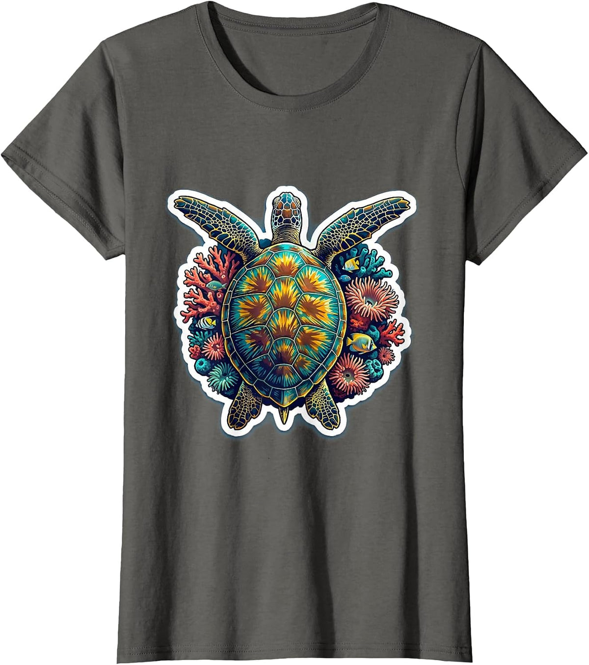 Women's Hawaiian Sea Turtle Coral Reef Graphic Design T-Shirt - Asphalt Grey
