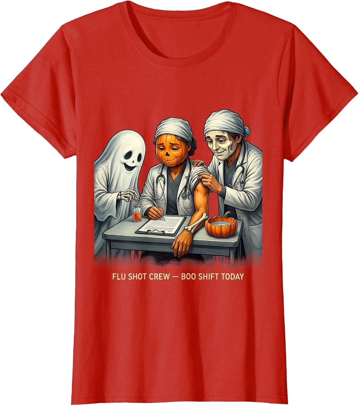 Women's Flu Shot Crew Boo Shift Today Funny Nurse Ghost Halloween T-Shirt - Red