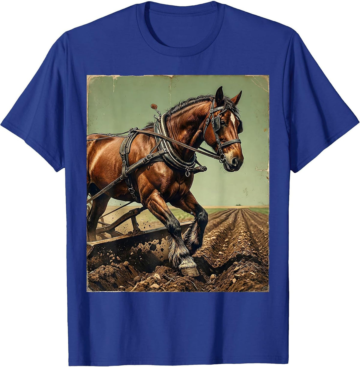 Draft Horse Pulling Plow Through Field Illustration T-Shirt - Royal Blue