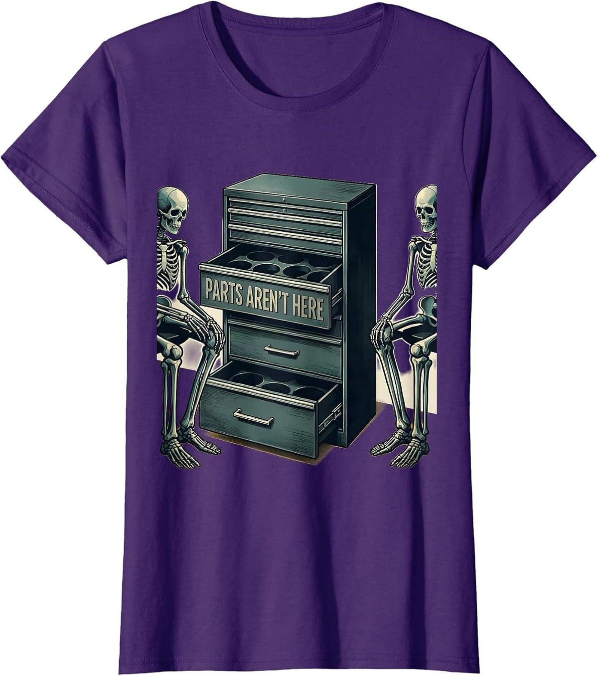 Women's PARTS AREN'T HERE Funny Mechanic Skeleton Auto Repair Life T-Shirt - Purple