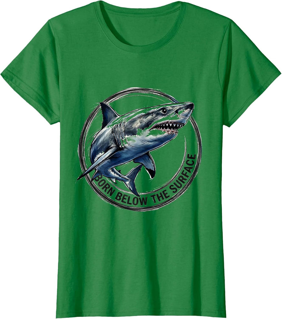 Women's Born Below the Surface Shark Design T-Shirt - Kelly Green