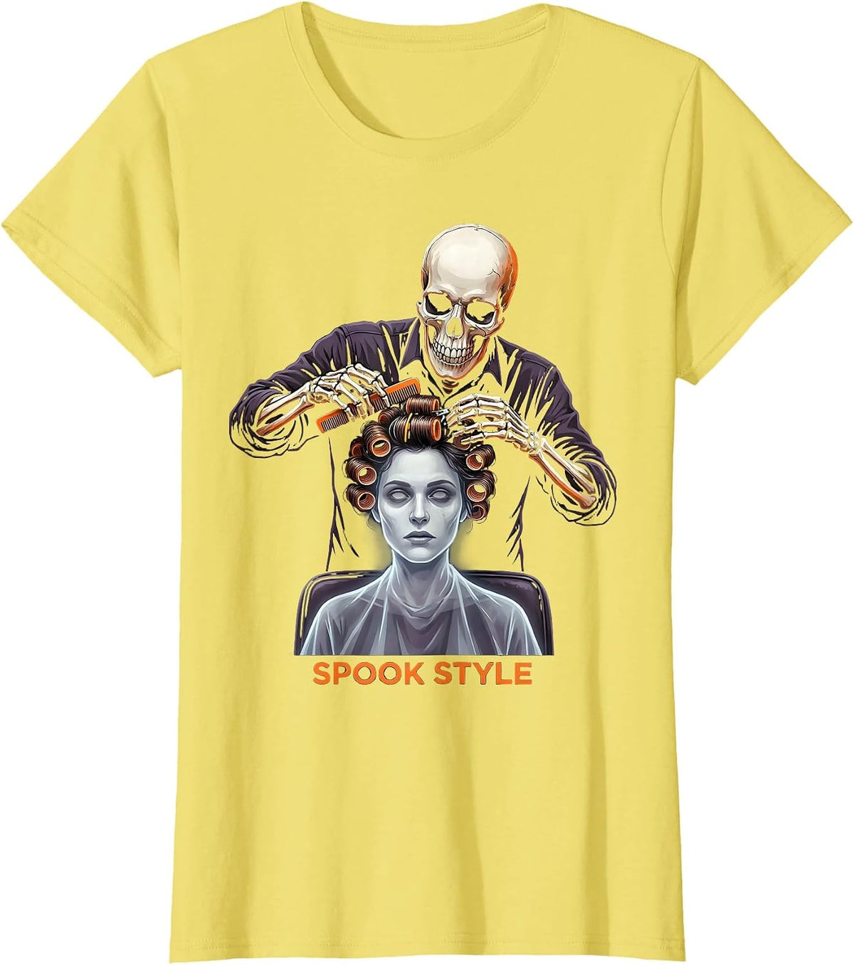 Spook Style Horror Skeleton Hairstylist Halloween T-Shirt - Lemon Yellow