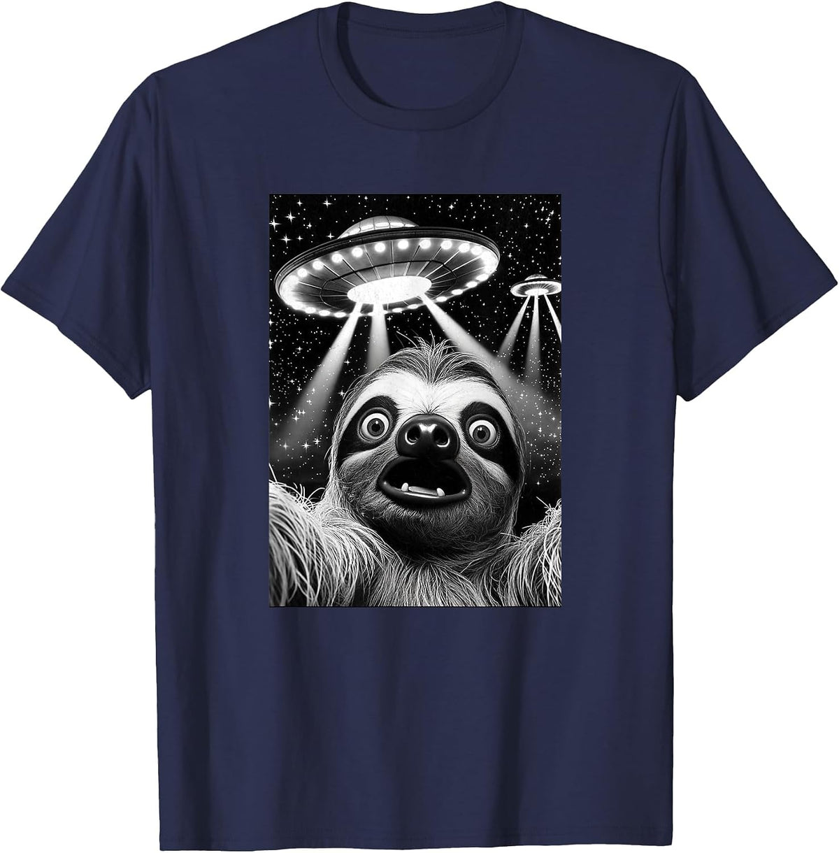 Sloth UFO | Funny Invasion Meme Retro Alien Sloth UFO Selfie T-Shirt - Navy Blue