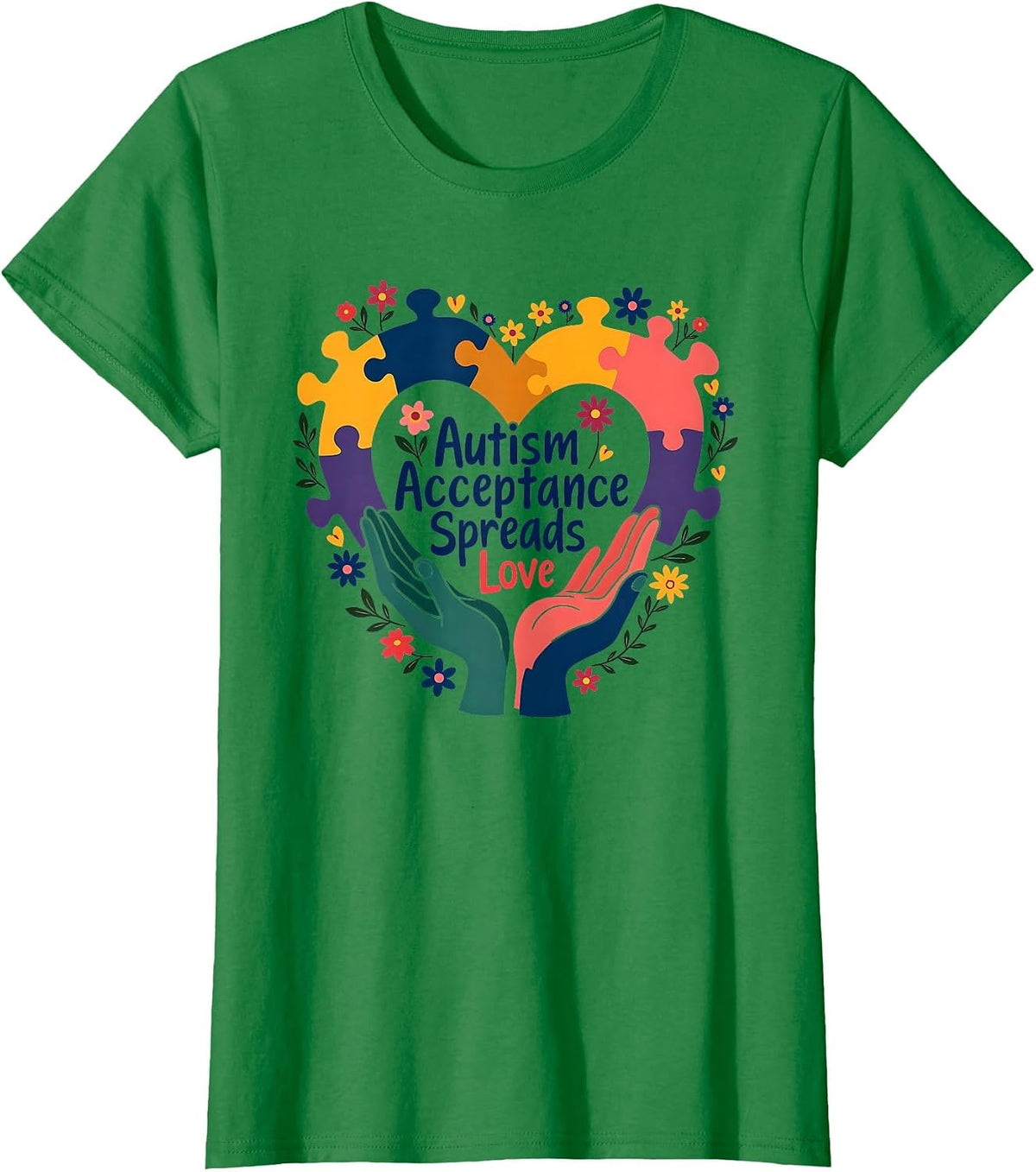 Autism Acceptance Spreads Love Awareness Design T-Shirt - Kelly Green