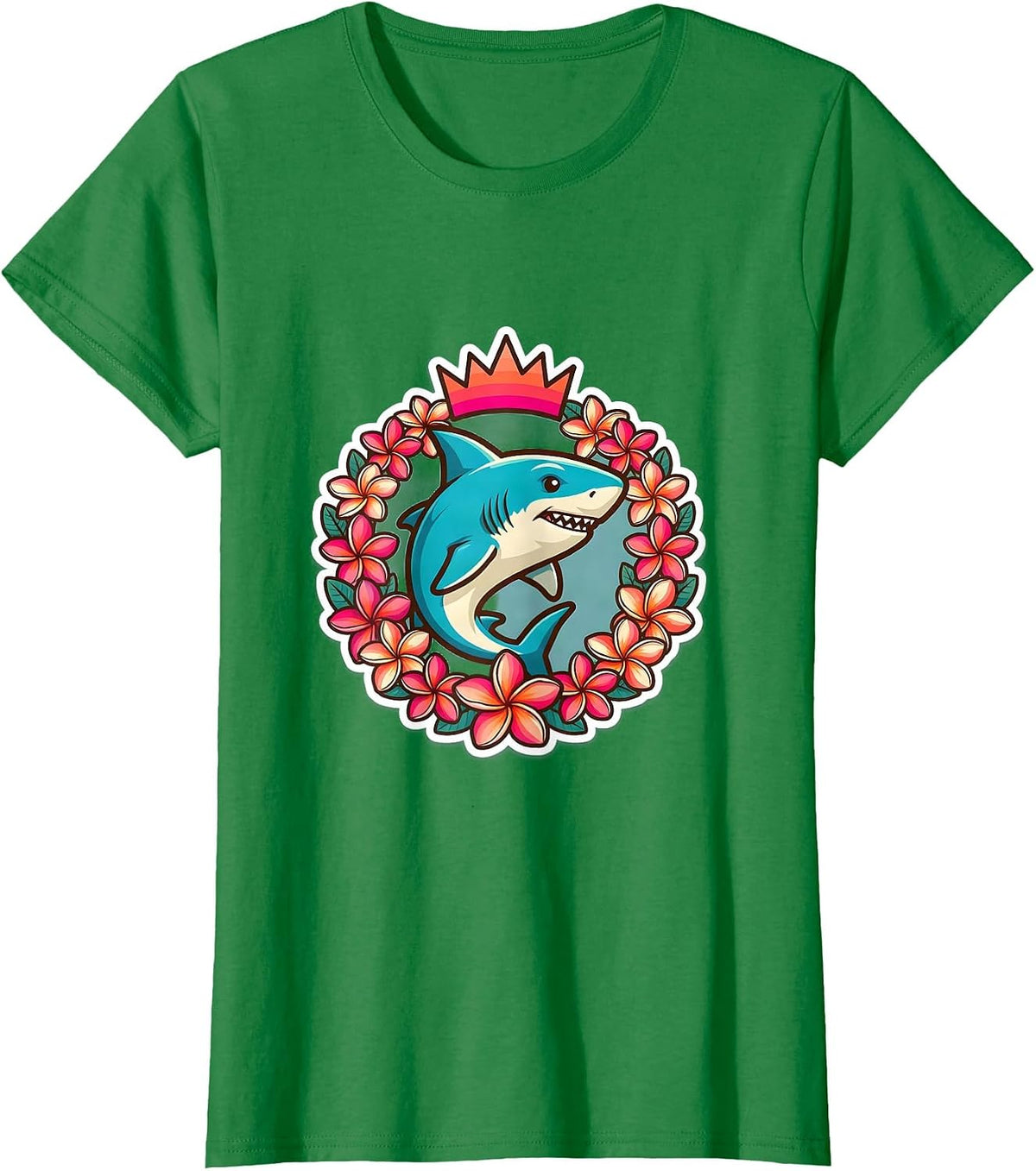 Women's Maui Plumeria Wreath Shark Tropical Illustration T-Shirt - Kelly Green