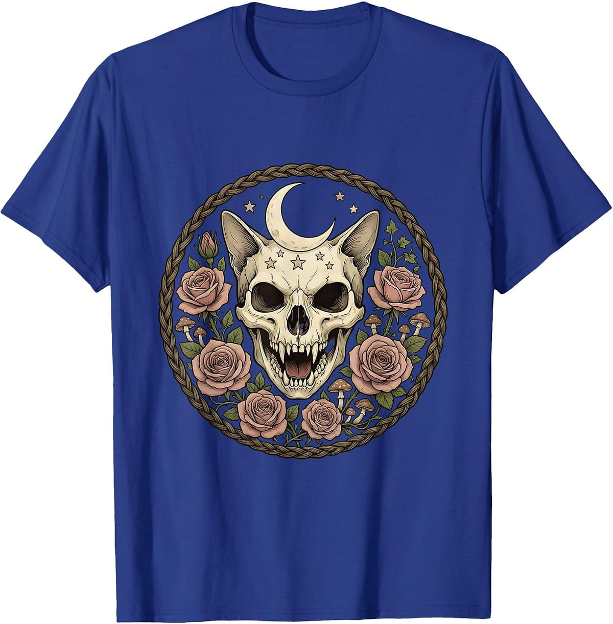 Men's Snarling Cat Skull With Roses Gothic Art T-Shirt - Royal Blue