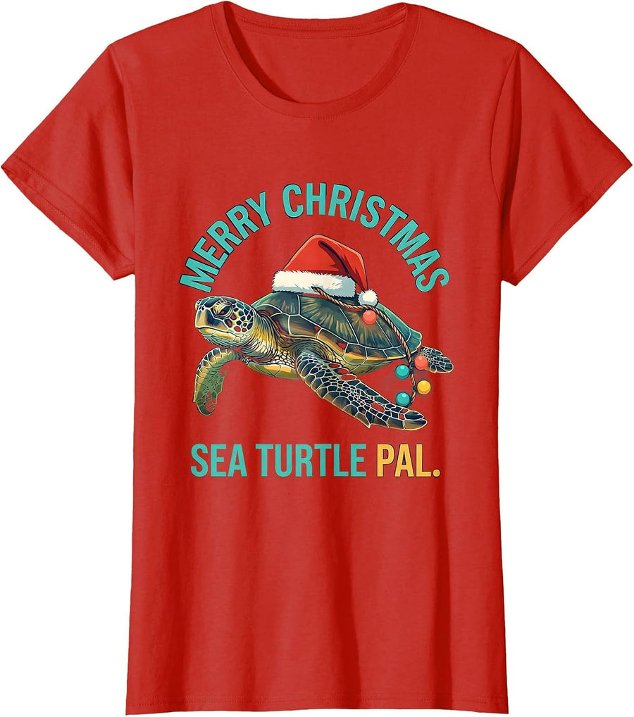 Women's Merry Christmas, Sea Turtle Pal Whimsical Holiday Sea Animal T-Shirt - Red