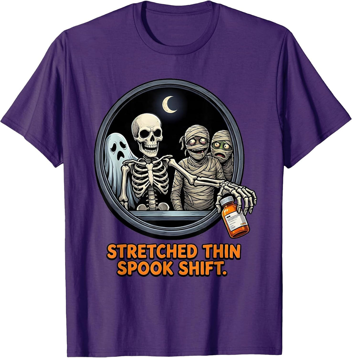 Men's Stretched Thin Spook Shift Funny Pharmacy Tech Halloween T-Shirt - Purple