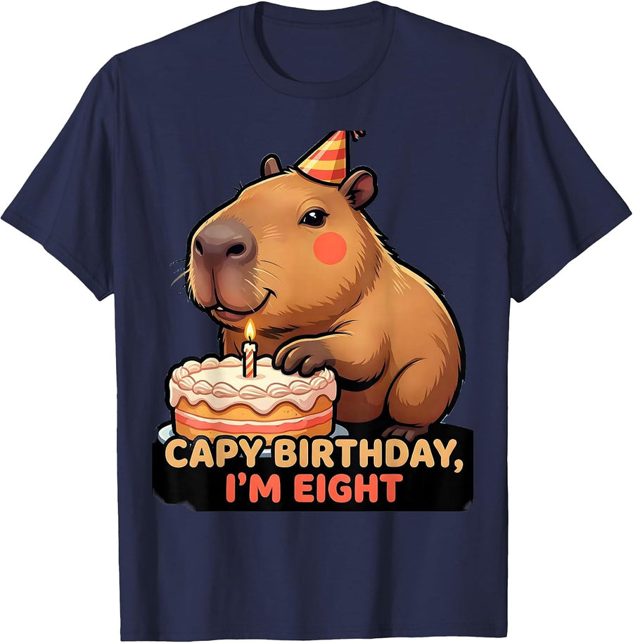 Capy Birthday I'm Eight Cartoon Capybara Kids Birthday Party T-Shirt - Navy Blue