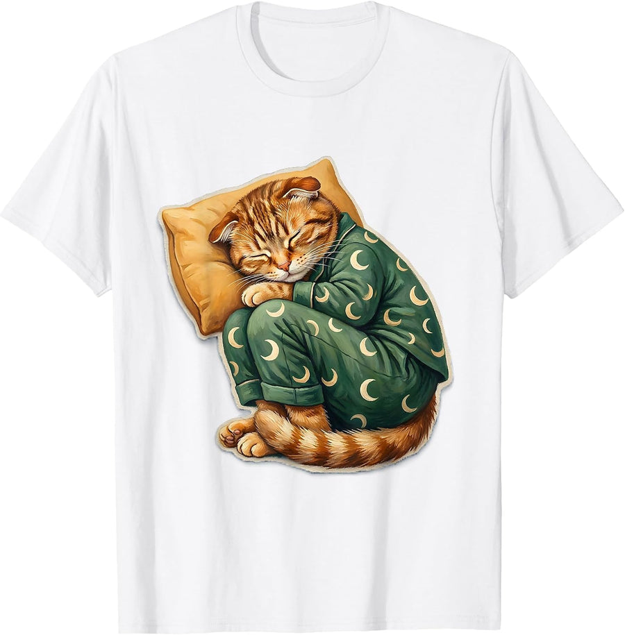Sleepy Orange Tabby Cat Pajama Family Matching Holiday T-Shirt - White