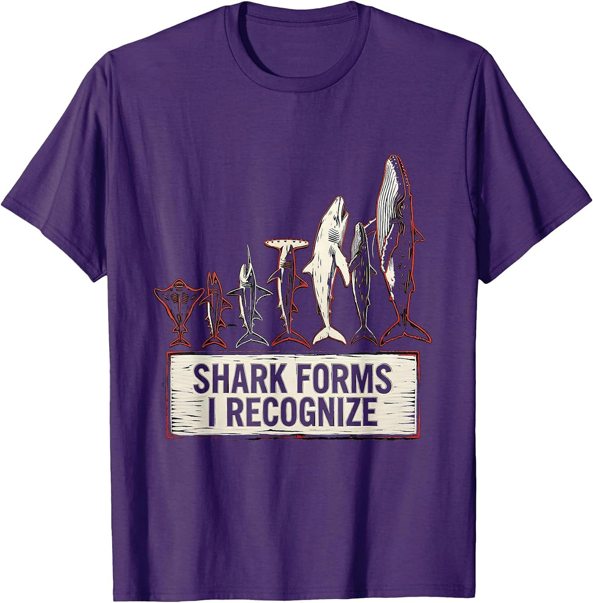 Men's Shark Forms I Recognize Linocut Marine Biology Ocean T-Shirt - Purple