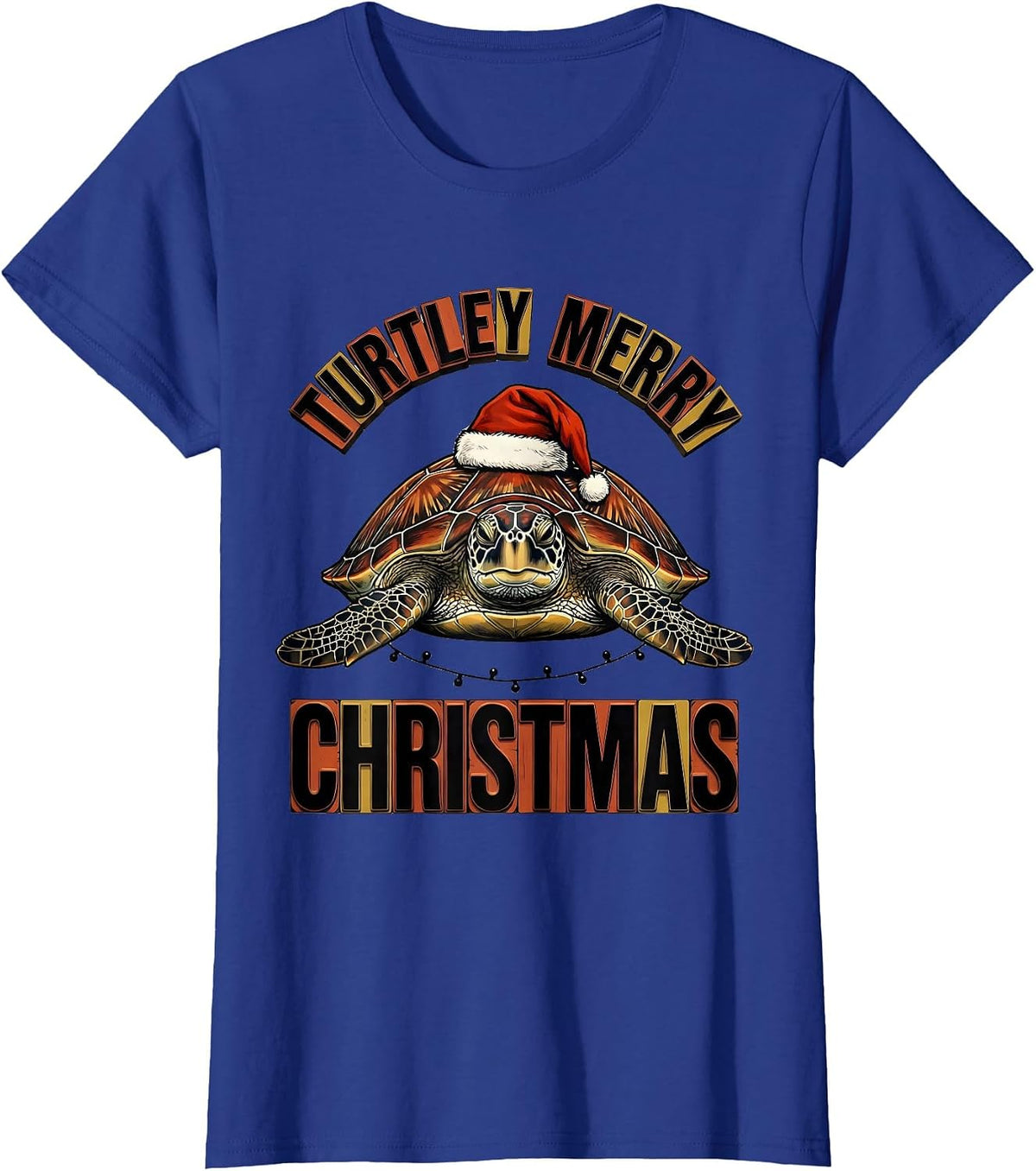 Women's Turtley Merry Christmas Wood Type Letterpress Sea Turtle T-Shirt - Royal Blue