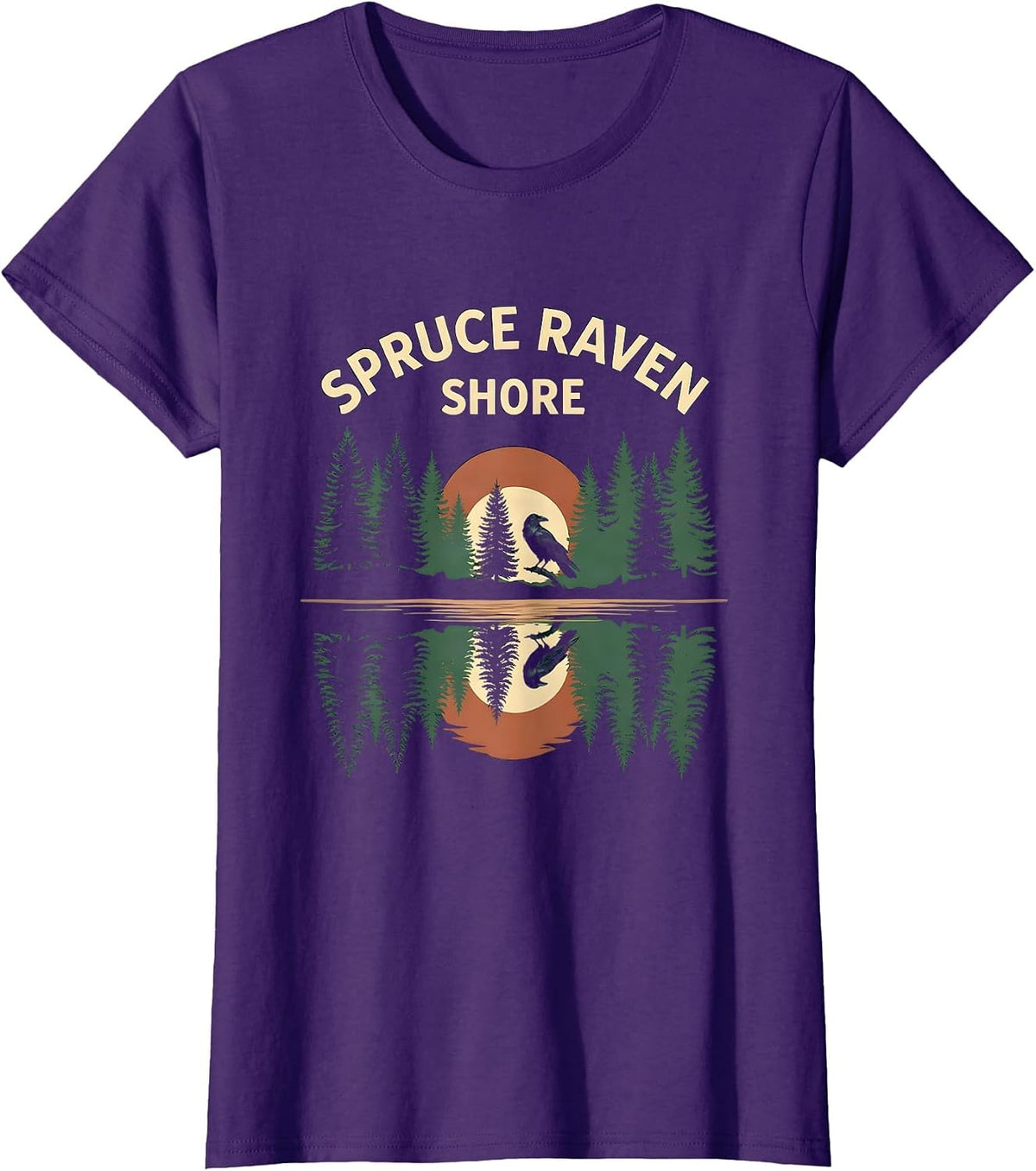 Women's Spruce Raven Shore Vintage Forest Wildlife Retro Nature T-Shirt - Purple