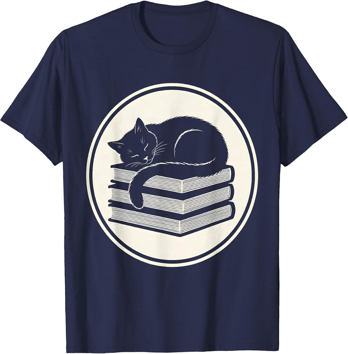 Tabby Cat Napping on Stack of Books T-Shirt - Navy Blue