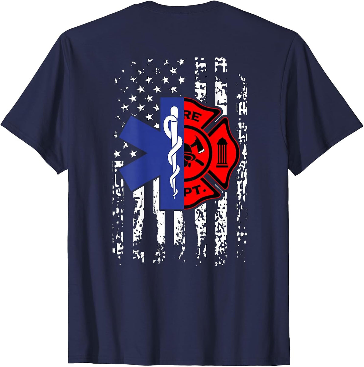 EMT Firefighter Shirt Firefighter American Flag Back Print T-Shirt - Navy Blue