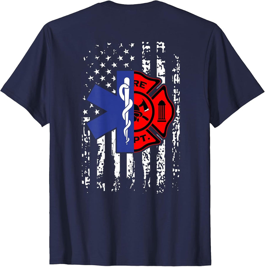 EMT Firefighter Shirt Firefighter American Flag Back Print T-Shirt - Navy Blue
