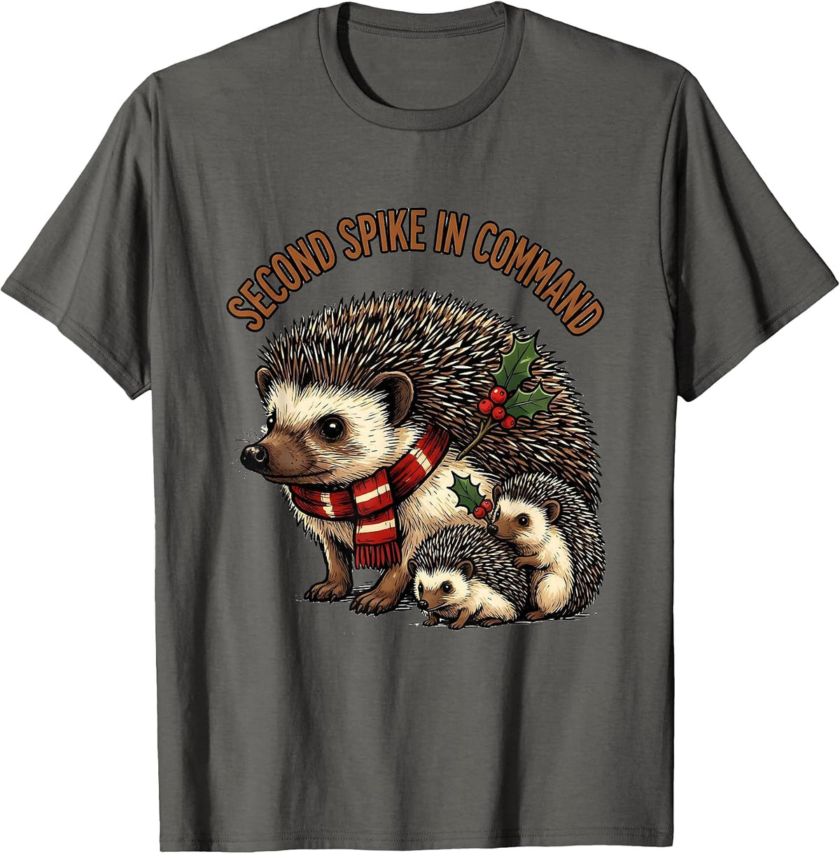Men's Second Spike In Command Cute Hedgehog Christmas Novelty T-Shirt - Asphalt Grey