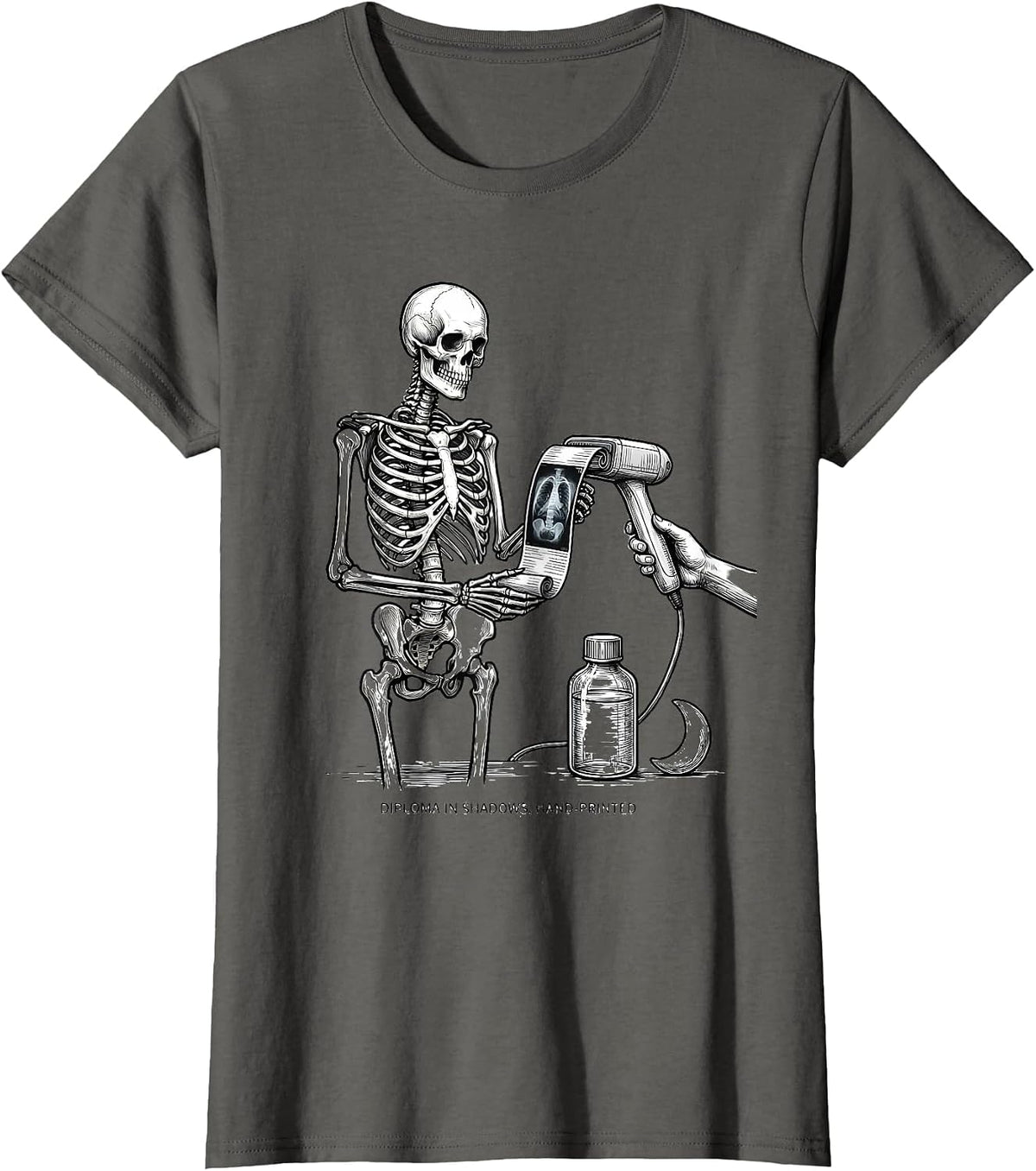 Women's Diploma In Shadows Hand-Printed Radiology Tech Halloween T-Shirt - Asphalt Grey