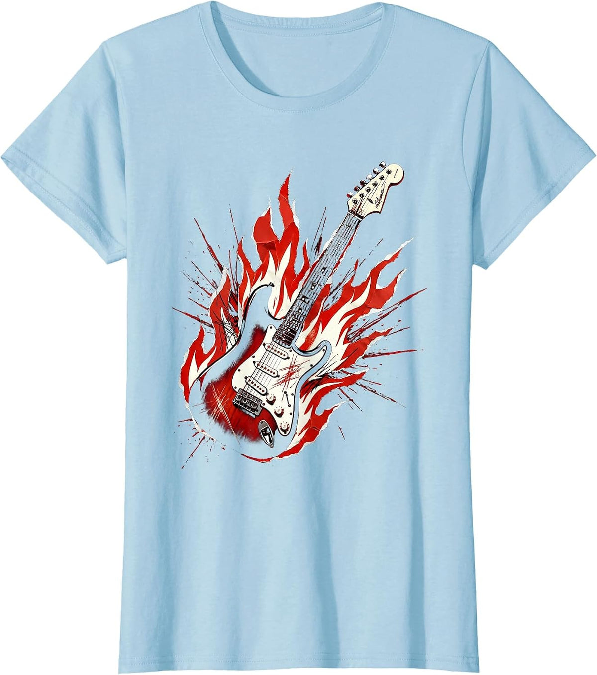 Flaming Electric Guitar Rock Band Graphic T-Shirt - Baby Blue