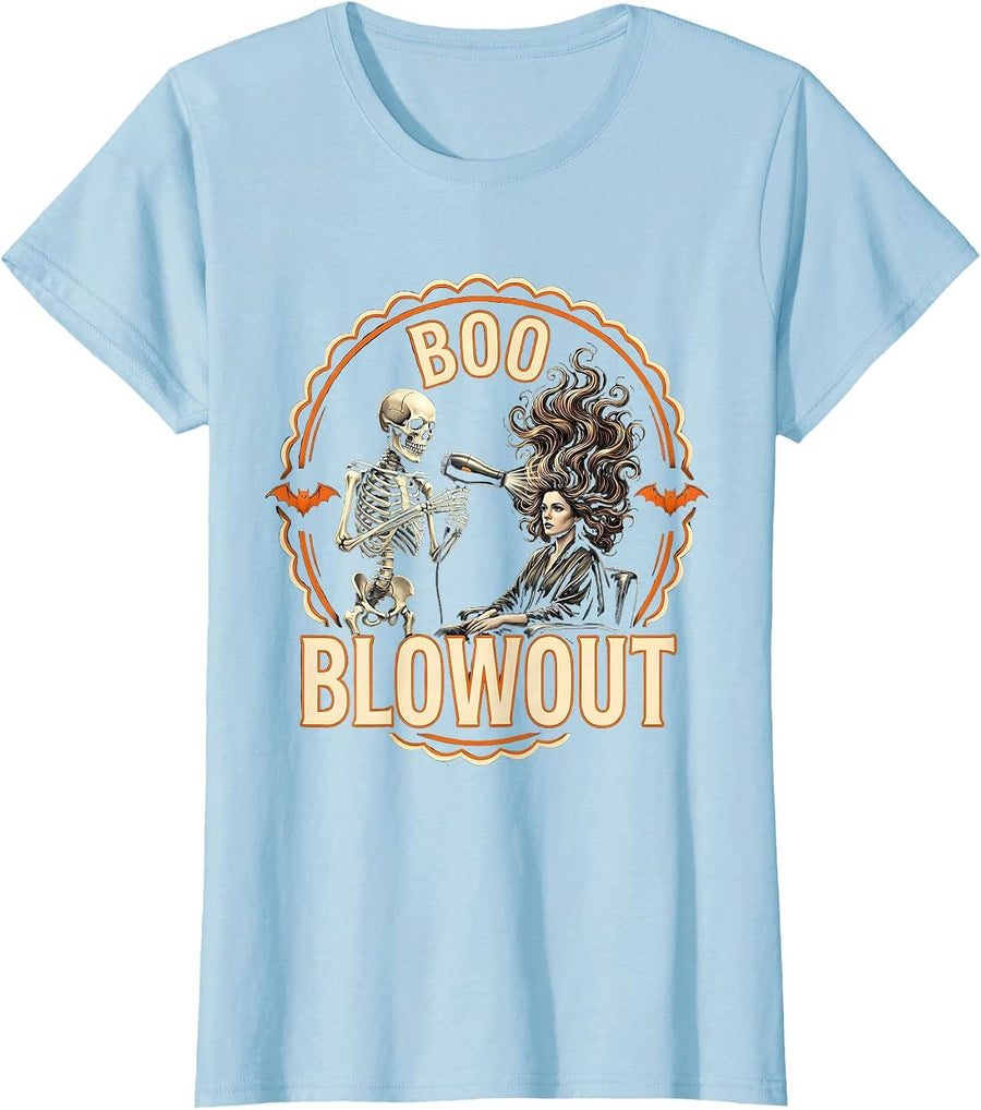 Women's Boo Blowout Skeleton Hairstylist Halloween Barber Humor T-Shirt - Baby Blue