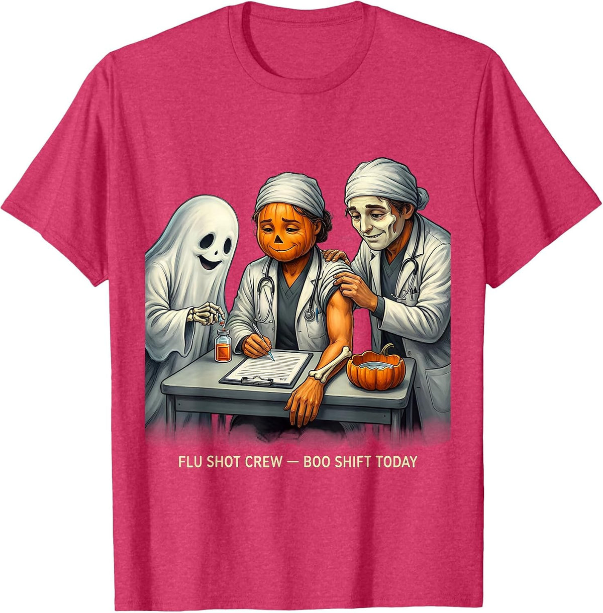 Men's Flu Shot Crew Boo Shift Today Funny Nurse Ghost Halloween T-Shirt - Red Heather