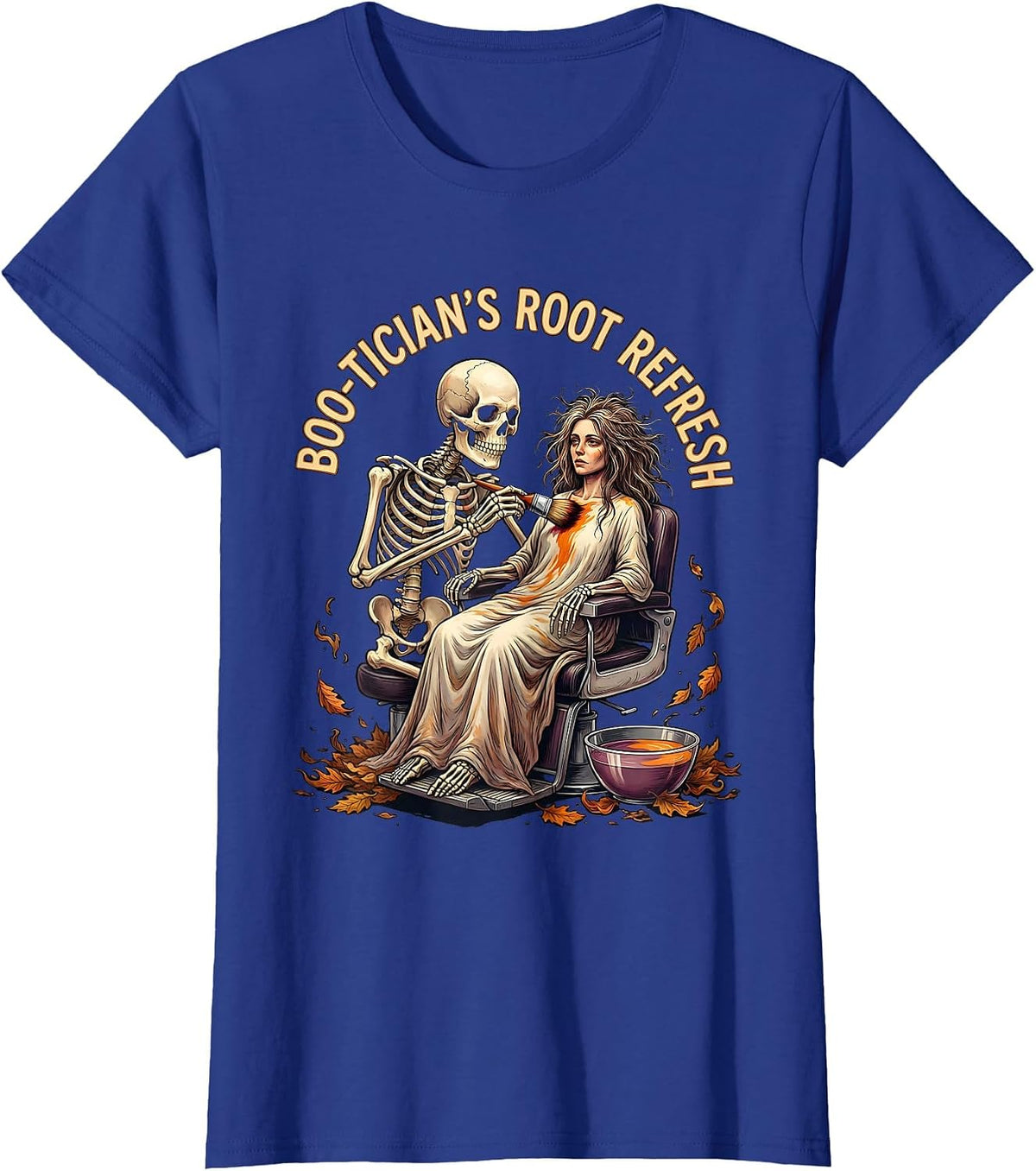Women's Boo-tician's Root Refresh Funny Skeleton Hairdresser T-Shirt - Royal Blue