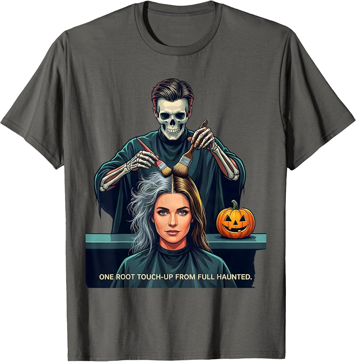 One Root Touch-Up From Full Haunted Funny Skeleton T-Shirt - Asphalt Grey