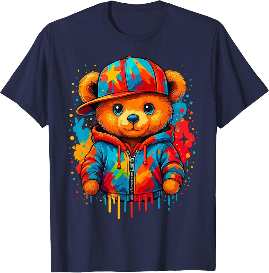 Colorful Teddy Bear Dripping Colors T-Shirt - Navy Blue